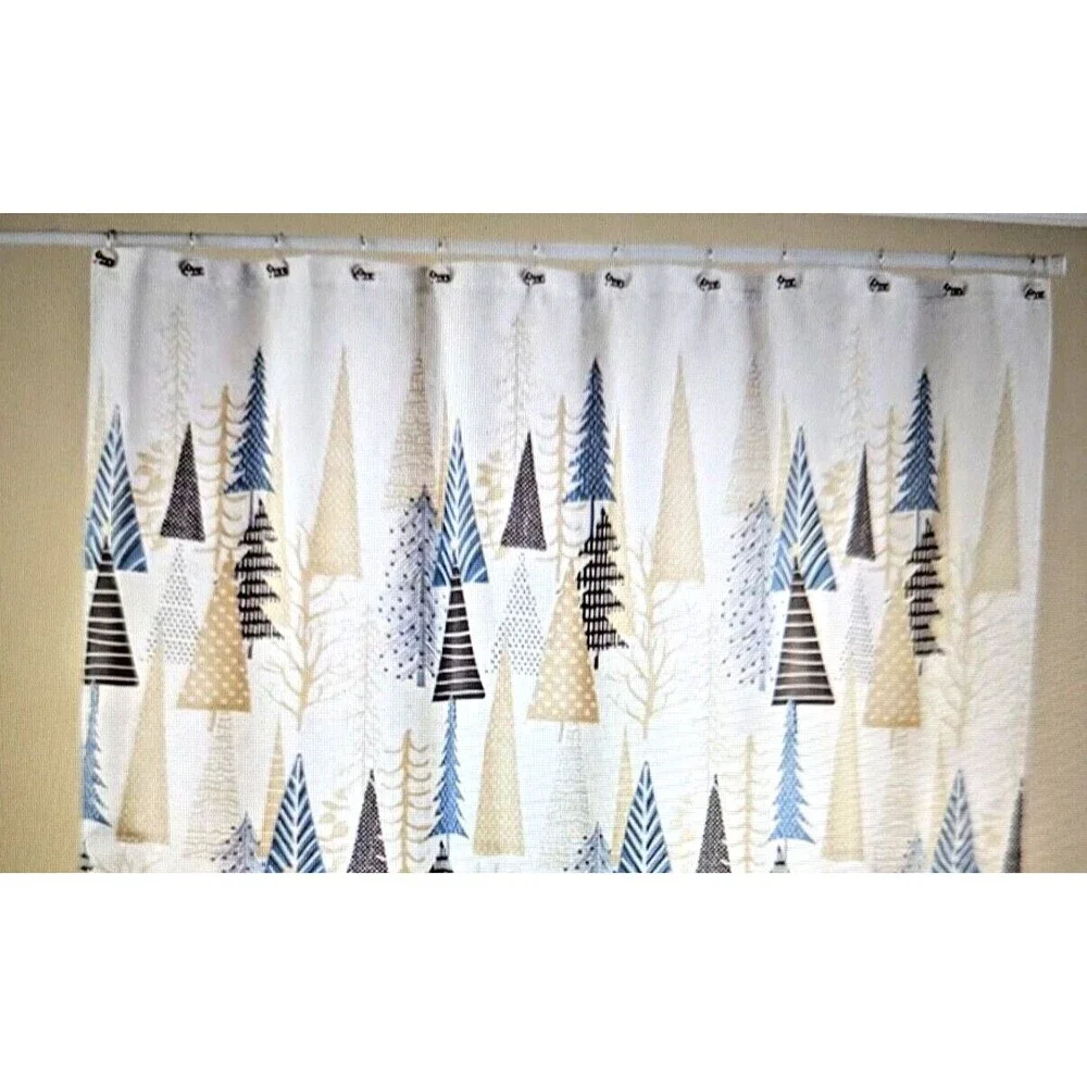 Winter Village Shower Curtain Trees Red Cabins Snow Polyester Bath Decor NEW